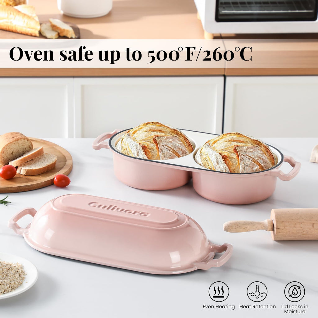 Cast Iron Double Dutch Oven, Mini Enamel Sourdough Bread Pan with Lid, Pink