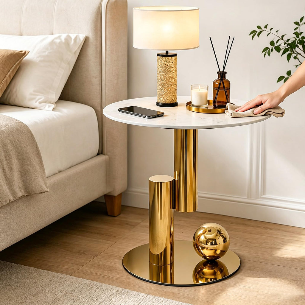 White Gold Round Side Table, 19.7" Faux Marble Sofa End Table, Modern Nightstand, Small Accent Table with Stainless