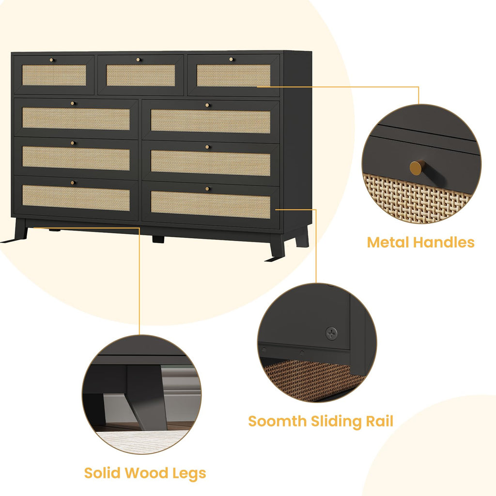 Black Rattan Dresser with 9 Drawer, Modern Double Wooden Long Bedroom Dresser, Chest of Drawers with Metal Handle &