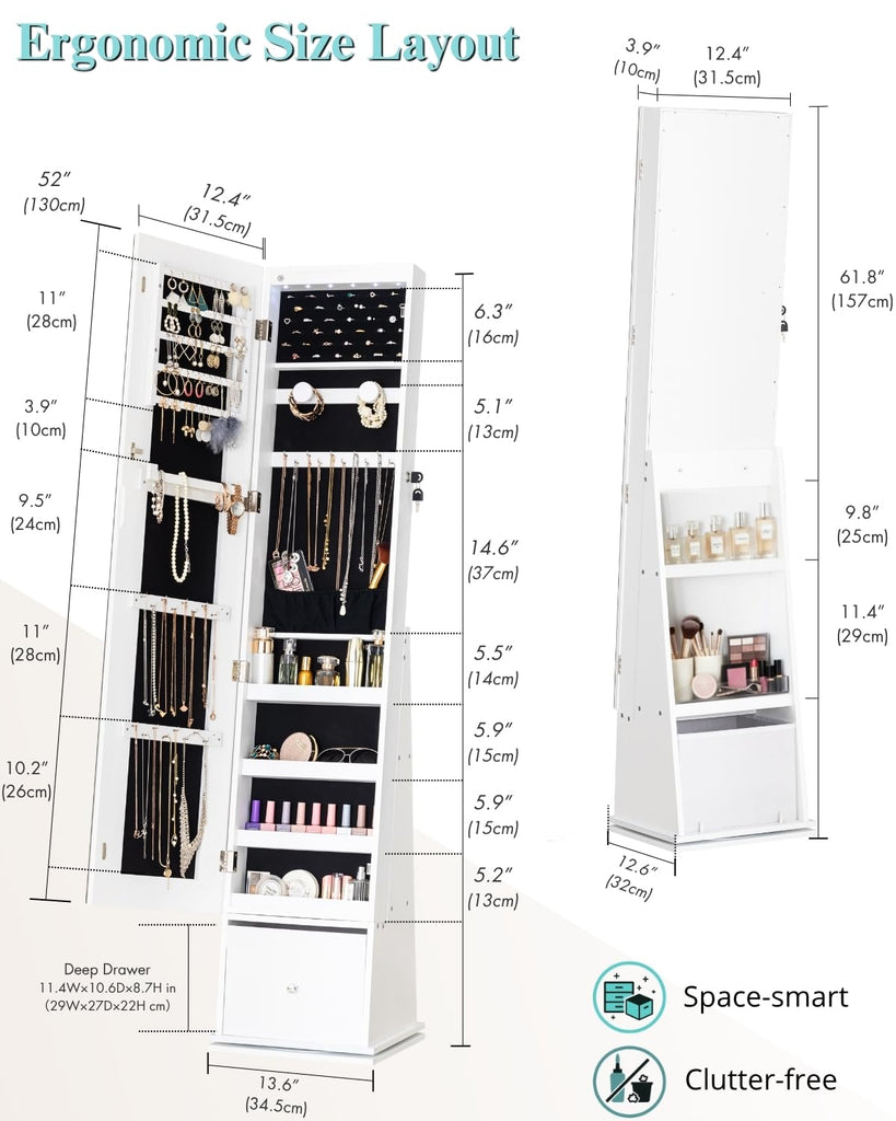 LED Light Strip Swivel Freestanding Jewelry Cabinet, 61.8 in