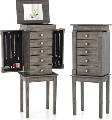 Jewelry Armoire Cabinet, Wooden Jewelry Chest Organizer with Flip Top Makeup Mirror, 5 Drawers, 2 Side Doors, 8