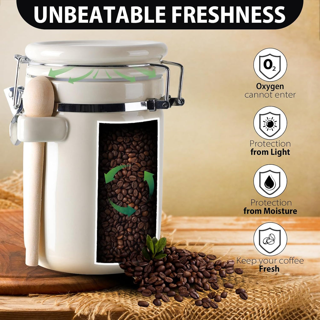 Airtight Ceramic Canister Set With Attached Wooden Spoon Reusable Chalk Labels For Dry Goods Sugar Coffee Tea - Set of 4