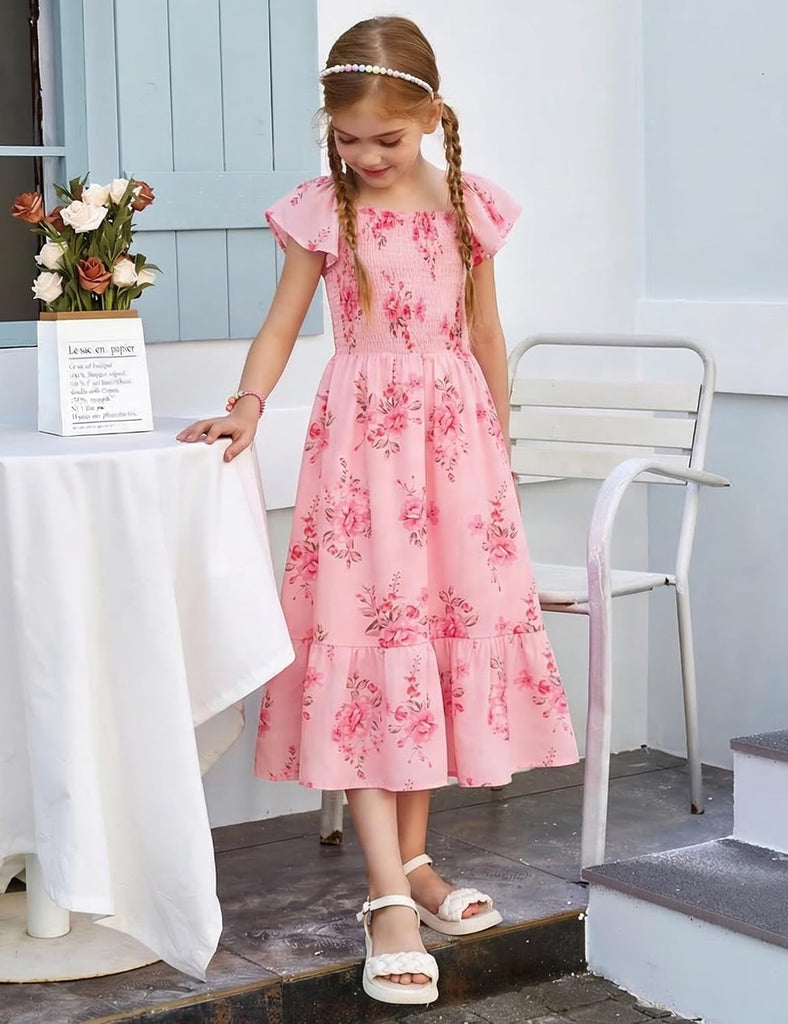 Girls Flutter Sleeve Floral Maxi Dress Spring Summer