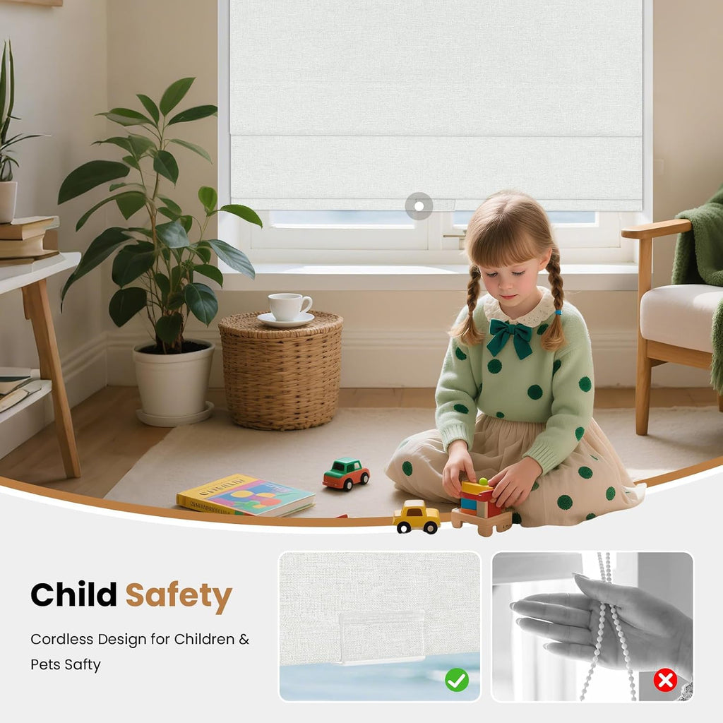 No Drill Cordless Roman Shades for Windows,34" Wx64 H,Blackout Fabric Blinds for Indoor Windows,UV Privacy Protection