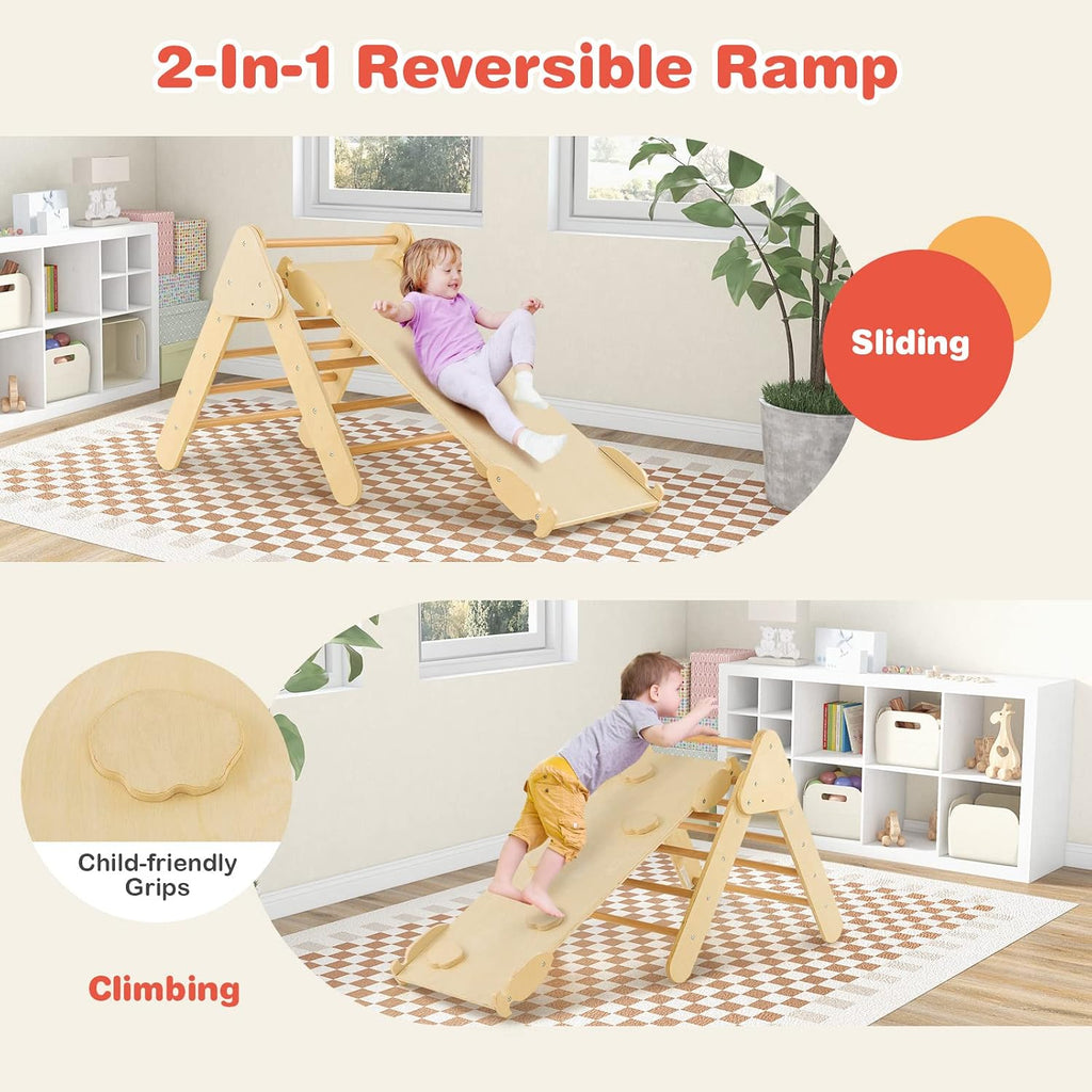 5 in 1 Wooden Climbing Toys for Toddlers, Triangle Climber with Ramp for Sliding or Climbing, Indoor Beech Montessori