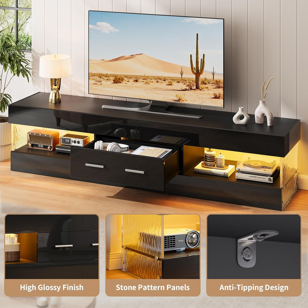 67" Modern TV Stand for TVs 55 to 75 Inch, High Gloss LED Entertainment Center with Stone-Patterned Doors, TV Console