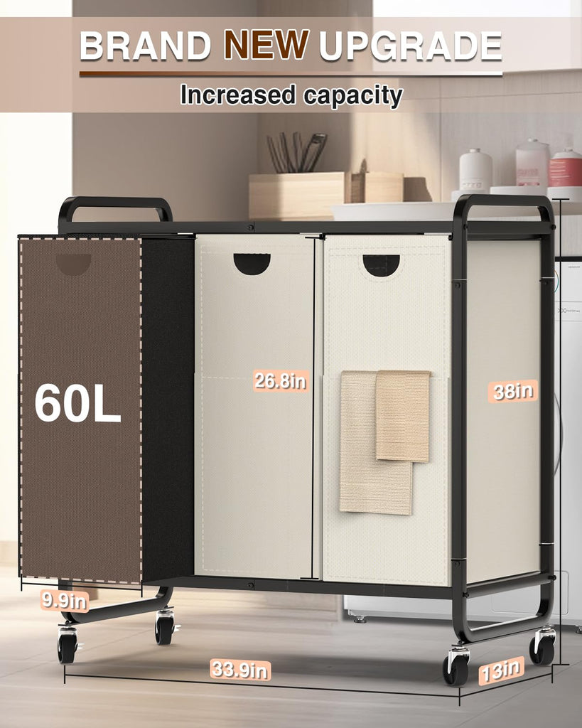 Sorter 3 Section,Laundry Basket with Wheels,3×15.8 Gal (60L)