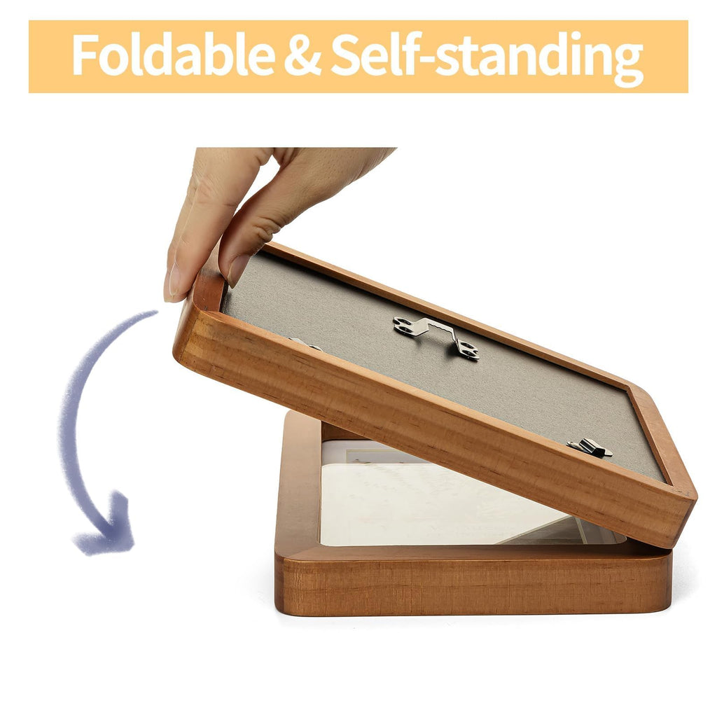 5x7 Double Vertical Horizontal Hinged Foldable Combo Rounded Corner Picture Frame, Walnut-Colored Pine Wood with Real