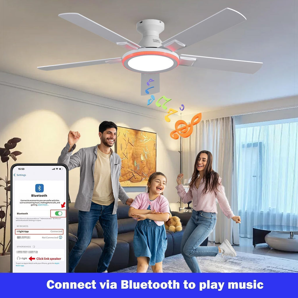 52" Ceiling Fans with Lights,Bluetooth Ceiling Fan with Speaker,6-Speed Reversible Motor,Full-Spectrum Adjustable