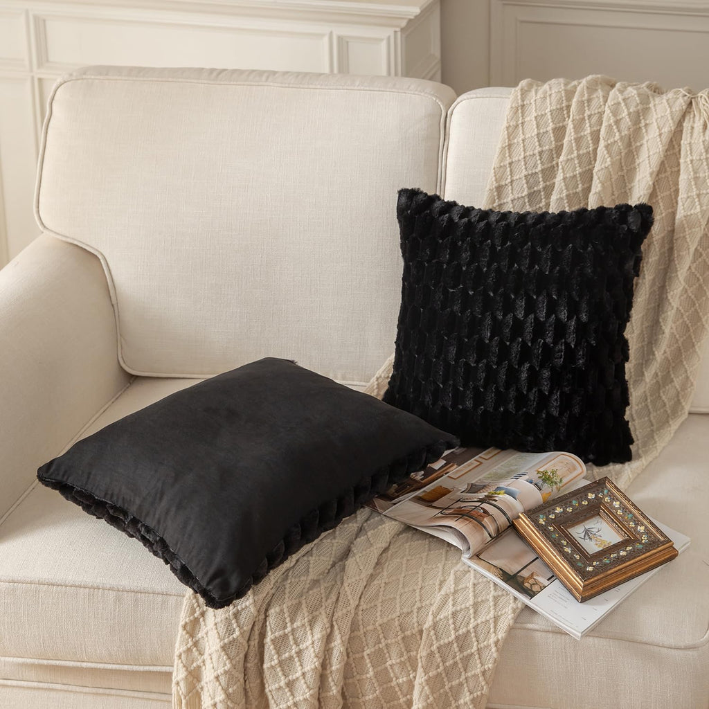 Pack of 2 Black Super Soft Plush Fluffy Decorative Throw Pillow Covers 18x18 inch Faux Fur Wool Velvet Cushion Covers