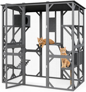 70 Inch Outdoor Catio Cat Enclosure, Walk-in Cat House with Window Access Door and Asphalt Roof, Cats Shelter with 4