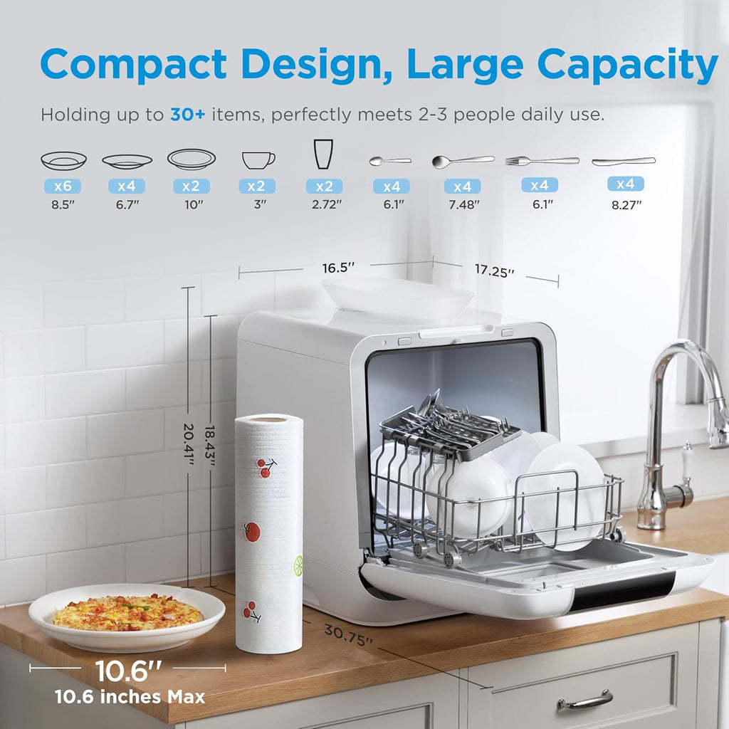 MDC17P2DWW Countertop Dishwasher Portable with 6L(1.59G) Built-in Water Tank, 5+2 Programs, Auto Door Open