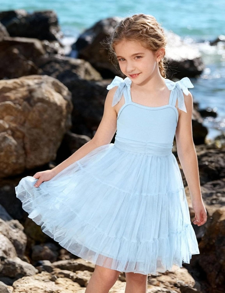Girls Dresses Summer Sleeveless Bow-Tie Straps Party Tulle Dress