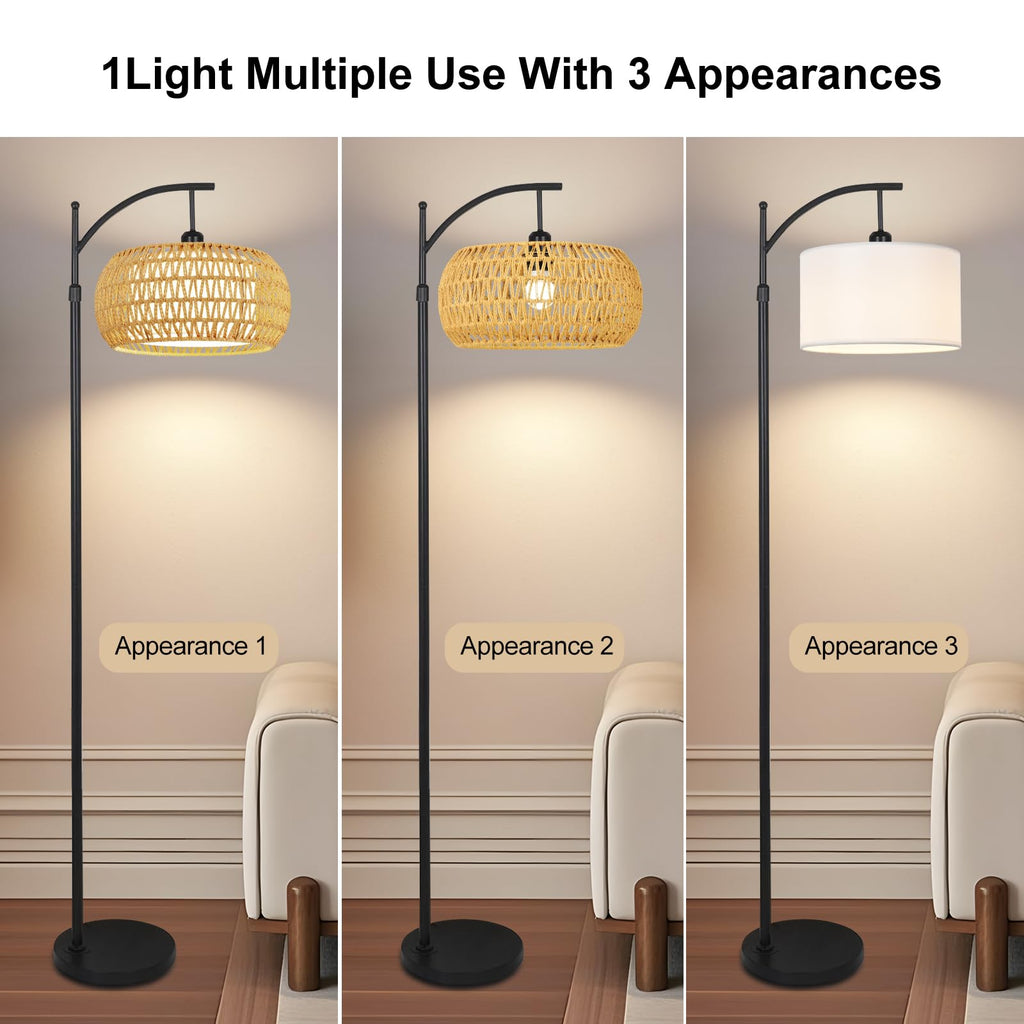 Arc Floor Lamps Rattan Boho Floor Lamp with Remote Control, Dimmable LED Floor Lamps Wicker Lamp Shades Black Standing