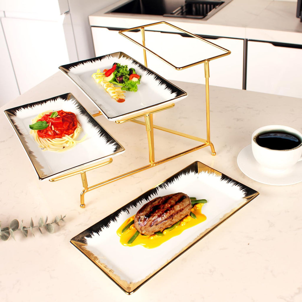 3-Tiered Serving Rack with Ceramic Tray, Foldable Gold Stand with 3-PCS 11.4 Inch Gold Rim Plates, for Food Display