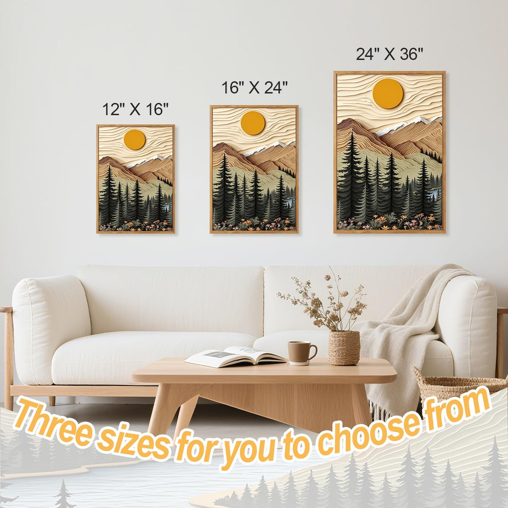Mountain Forest Framed Canvas Wall Art Set Of 3, Rustic Nature Wall Decor, Scenic Lake Sunrise Landscape Painting