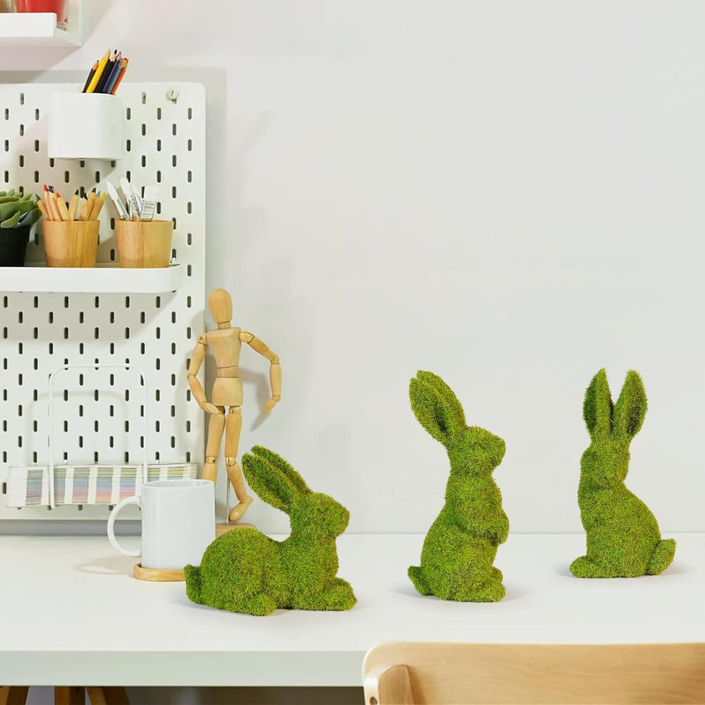 Easter Bunny Decorations,Resin Moss Bunny Figurine Features Larger Ears,Garden Artificial Moss Rabbit Easter Décor - Set of 3