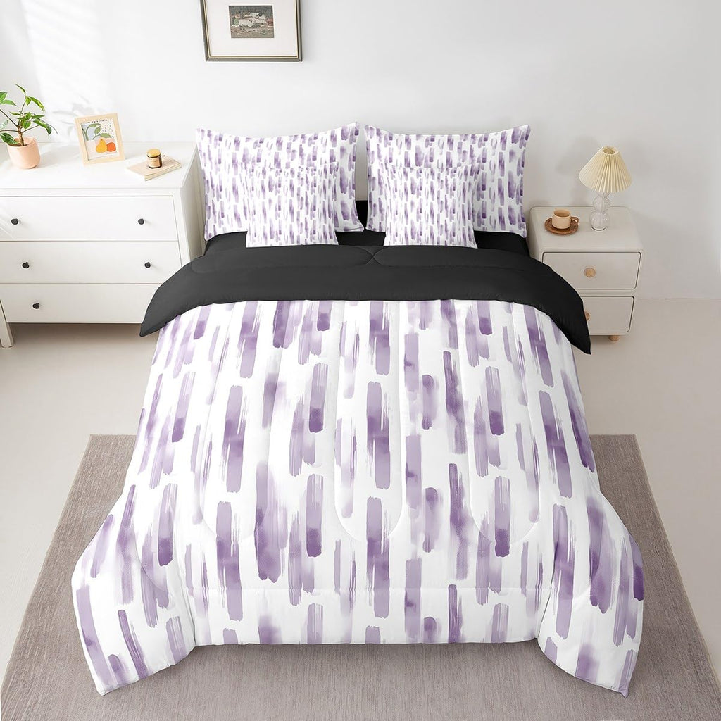 7Pcs Violet Gradient Abstract Comforter Set Queen, Purple Geometric Striped Bed in A Bag for Women Men, Ink Ombre