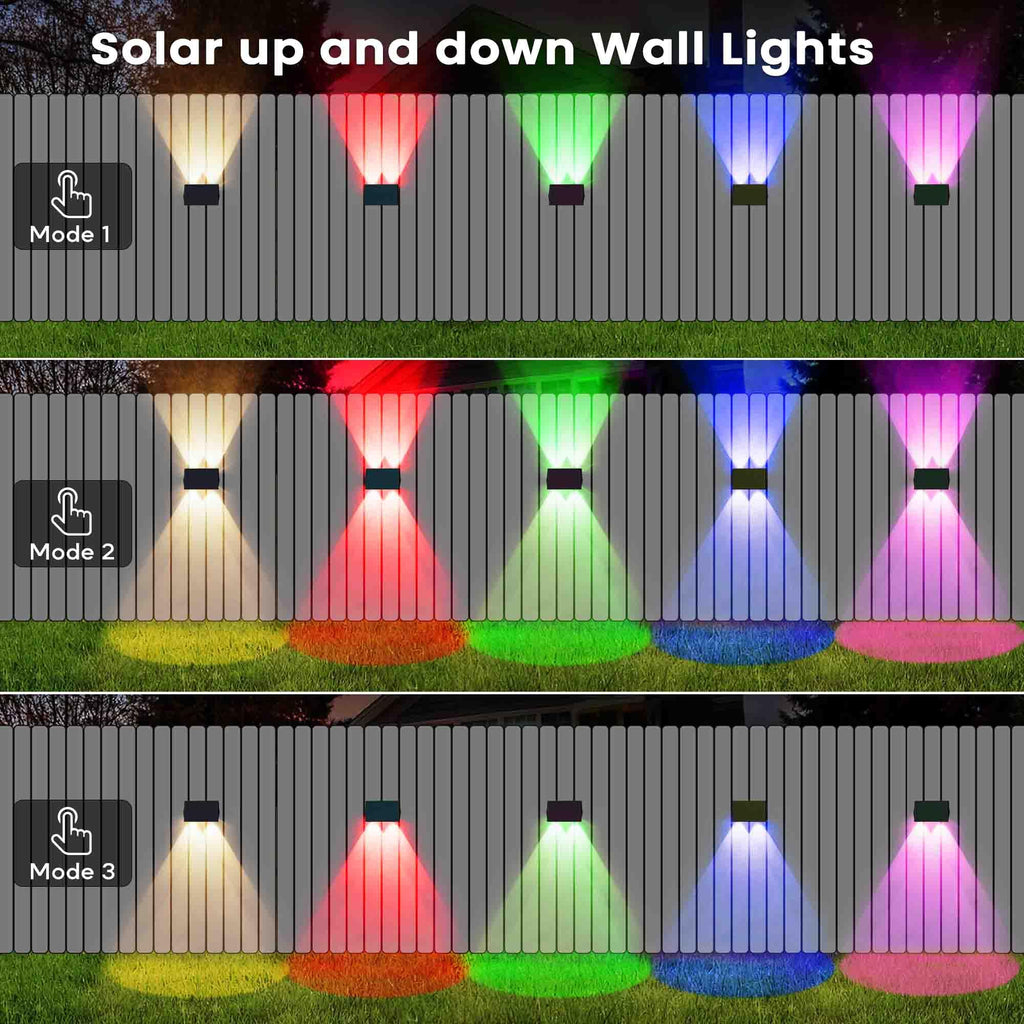 Fence Lights Solar Powered, Multicolor Modes Solar Fence Lights Outdoor IP67 Waterproof, Up and Down Solar Wall