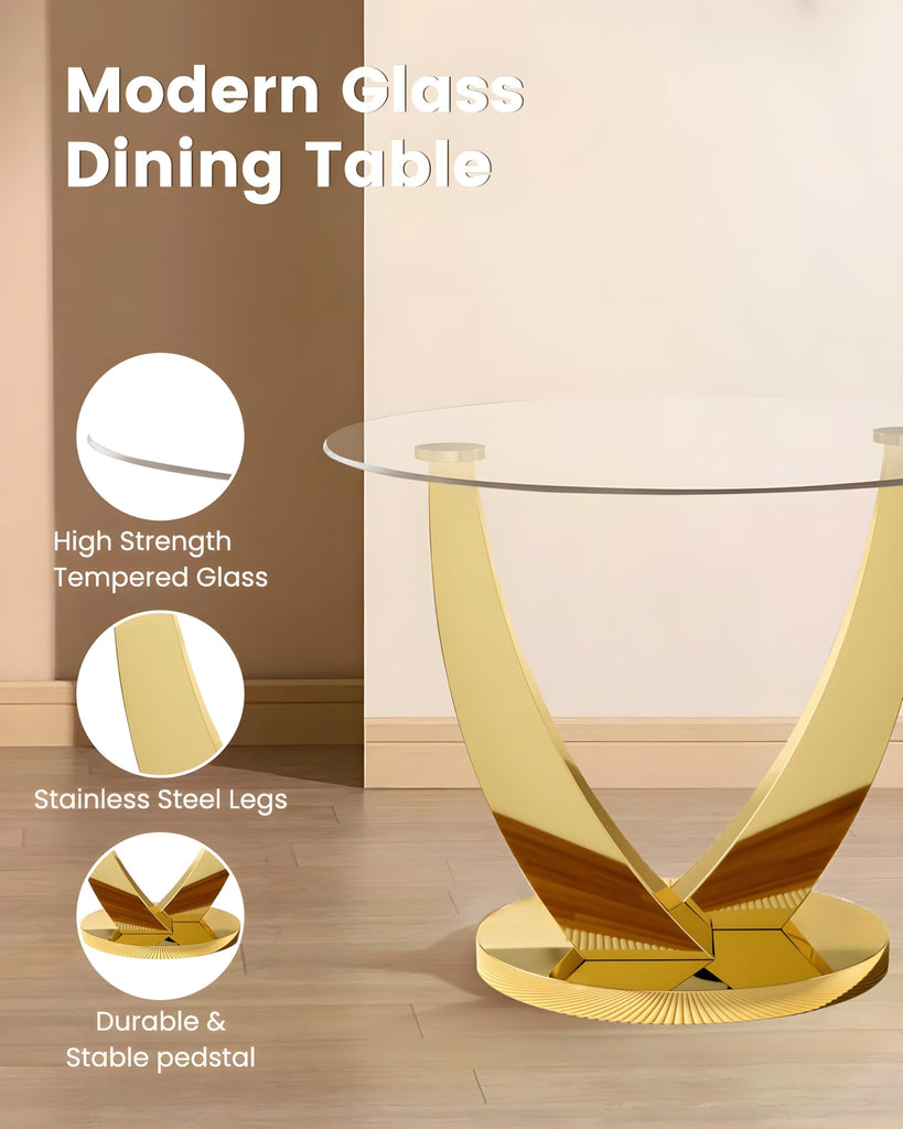 38.9" Modern Round Glass Dining Table for 2-4 People, Gold Base