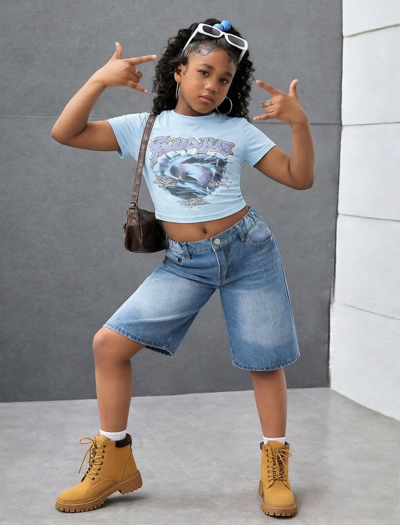 Girls Jean Shorts Baggy Wide Leg Washed Bermuda Denim Shorts Straight Leg Cute Summer Y2K Streetwear