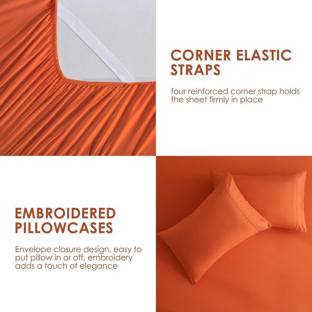 Orange King Sheet Set with Side Storage Pocket, 4 Piece Soft Microfiber Bed Sheets Deep Pocket Corner Straps
