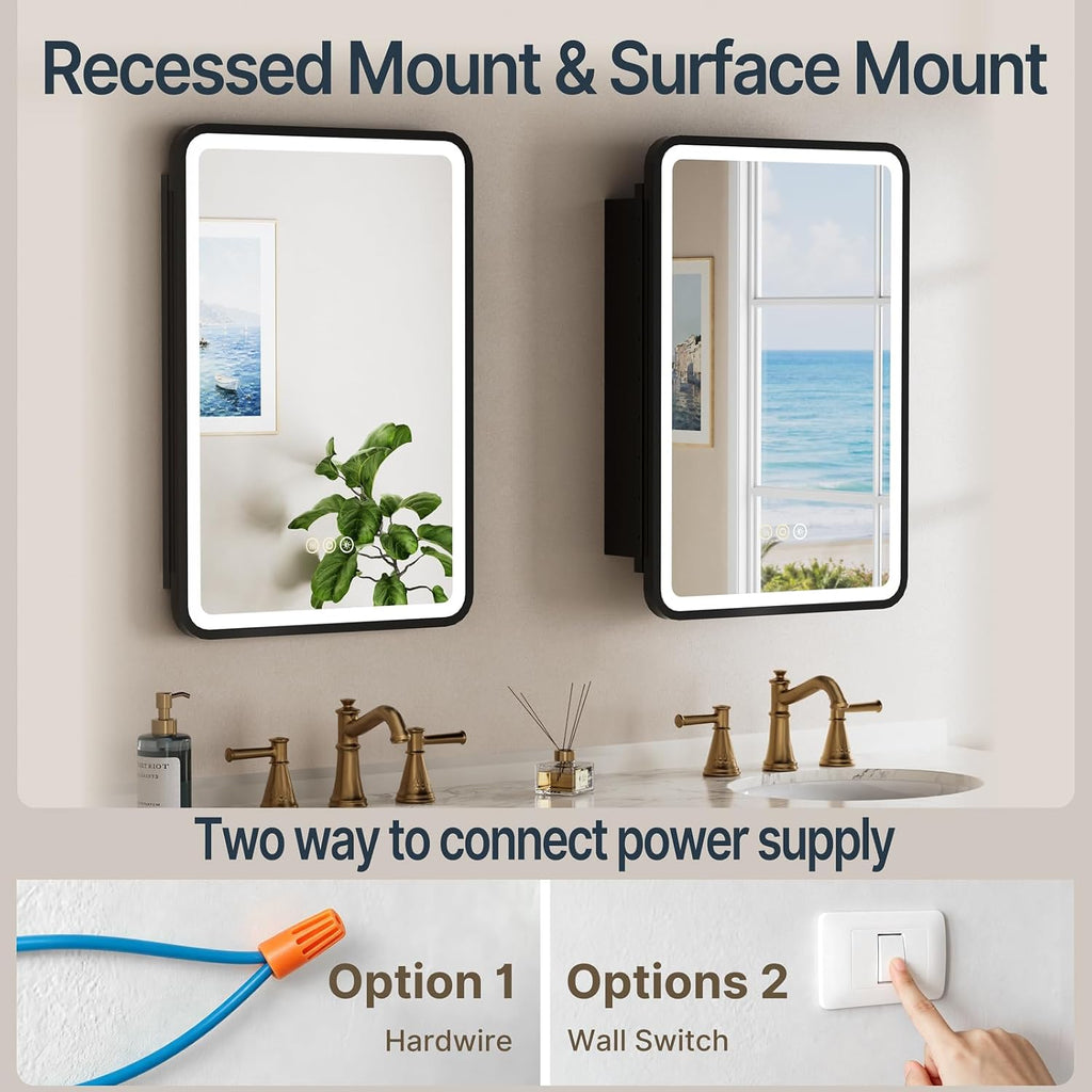 16x24 Inch Medicine Cabinet with Mirror and Lights , Black | Recessed or Surface Mount, Anti-Fog, Memory Function