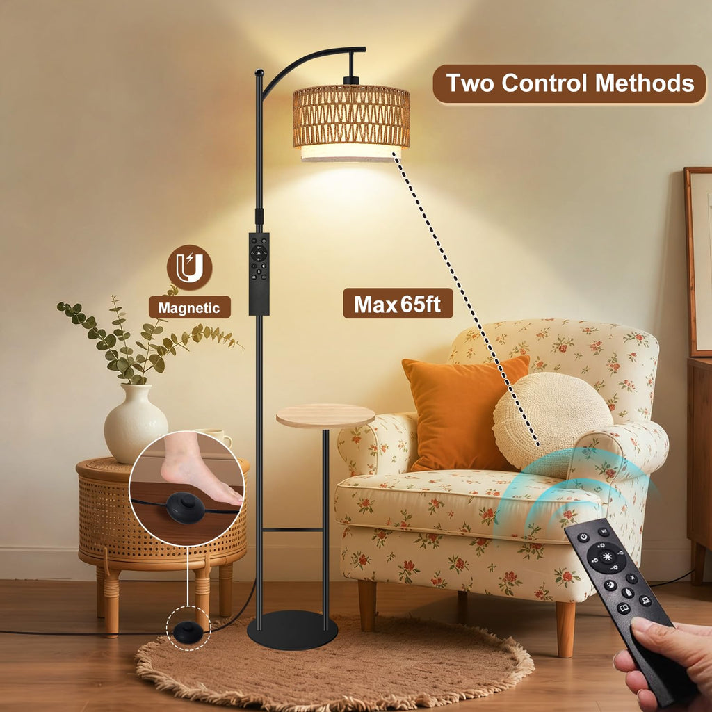 Arc Rattan Floor Lamp with Table Dimmable 3 Color Temp
