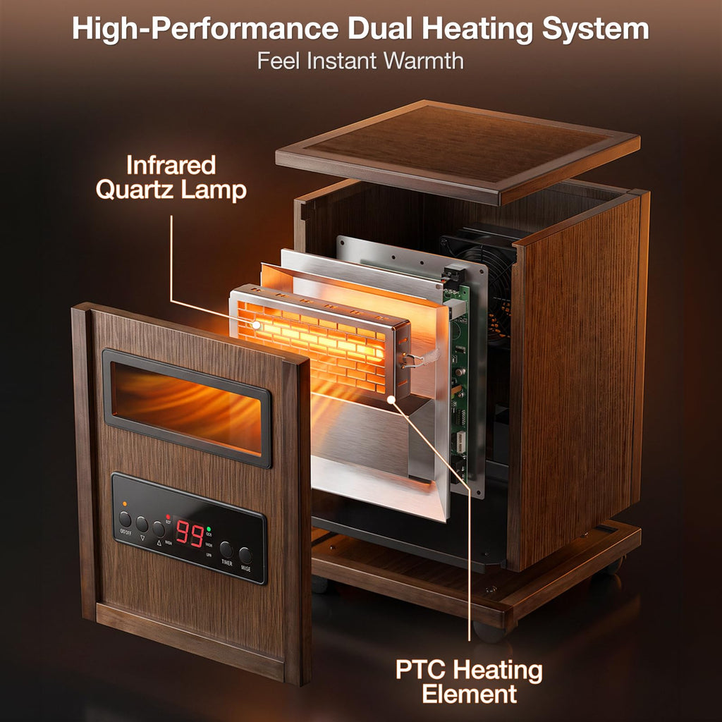 1500W Infrared Dual Heating Space Heater with Remote Control, 3 Heat Modes, Timer, Portable Electric Room Heater with