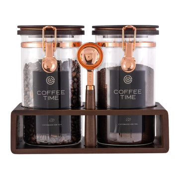 Glass Coffee & Sugar Canister Set, 2×45OZ Airtight Glass Storage Jars with Wooden Shelf and Scoop, Airtight Food