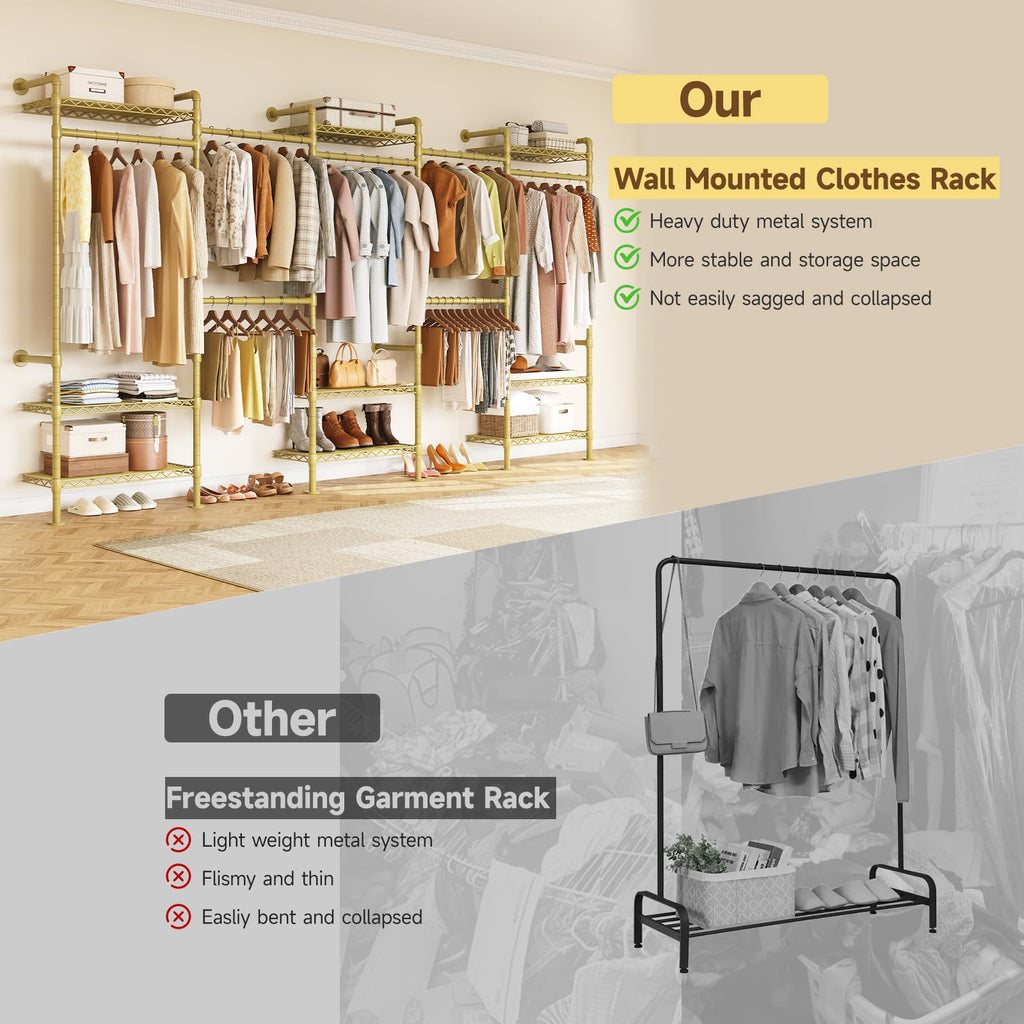 H5 Wall Mounted Closet System, Industrial Pipe Clothes Rack, Gold