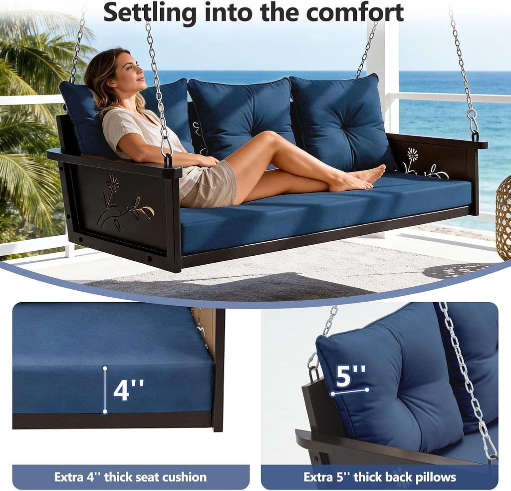 3-Seat Oversized Metal Porch Swing Bed Heavy Duty 900 LBS