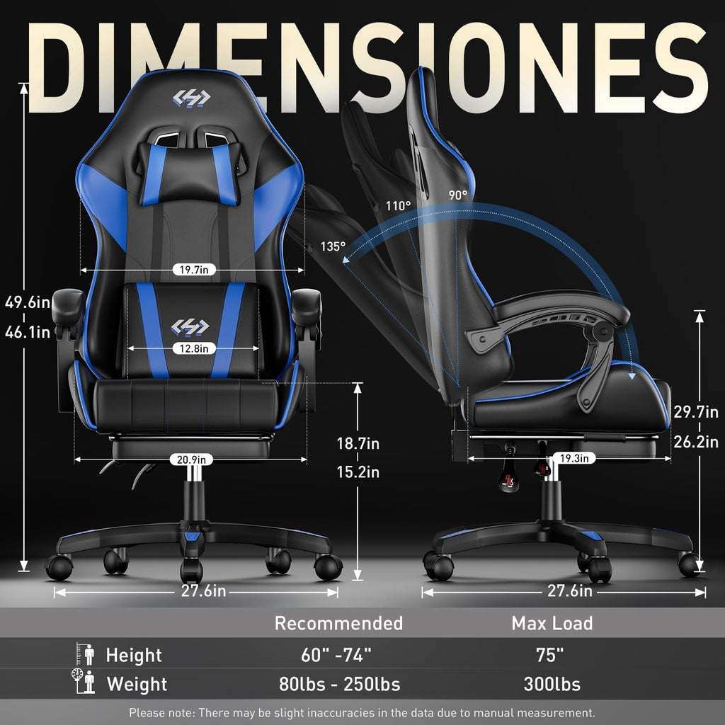 Gaming Chair with Footrest, Lumbar Support & Headrest, Black&Blue