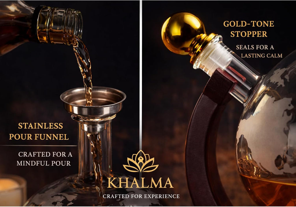 Ry Whiskey Decanter Set for Men, Whiskey Globe Decanter with 2 Etched Glasses, High End Bourbon & Scotch Gift - Set of 7