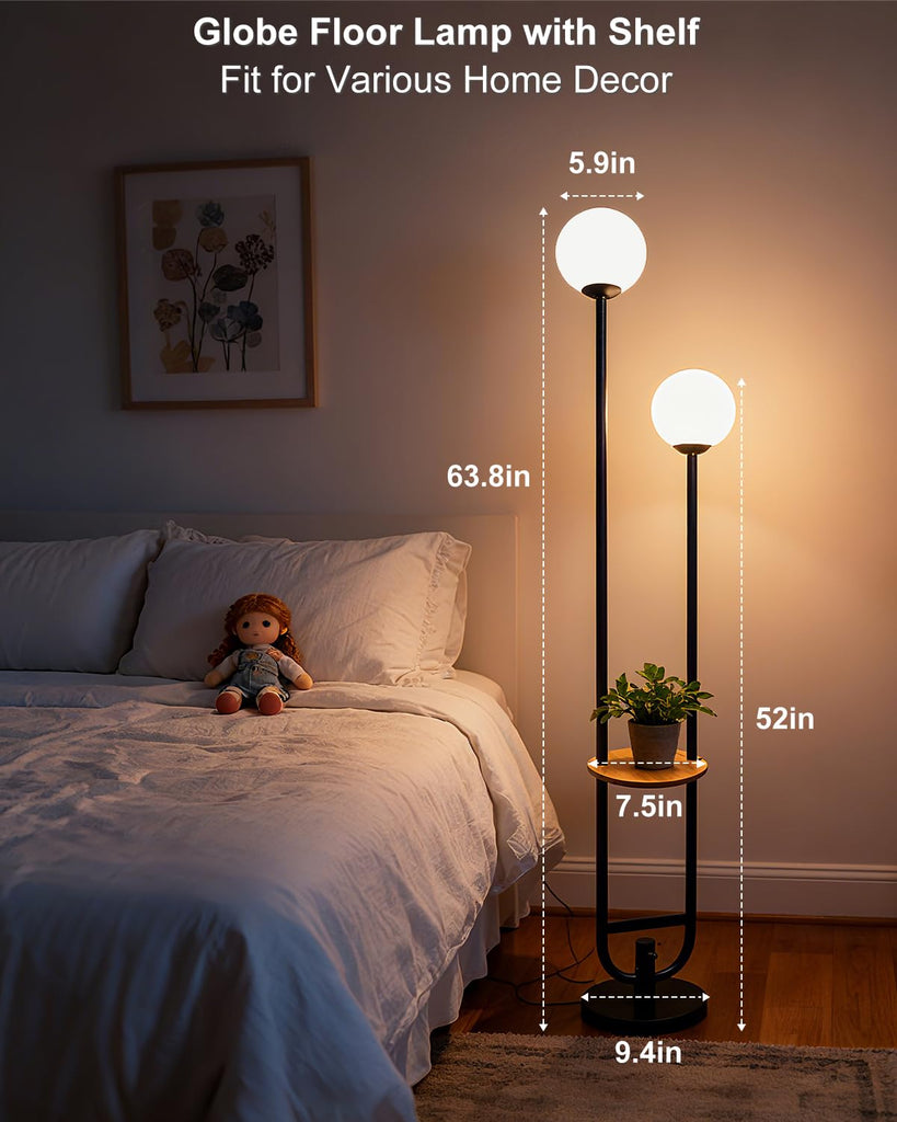 63IN 2-Globe Floor Lamp Dimmable Tall Standing Lamps with Table 3000K Warm White Unique Vintage Modern Mid Century