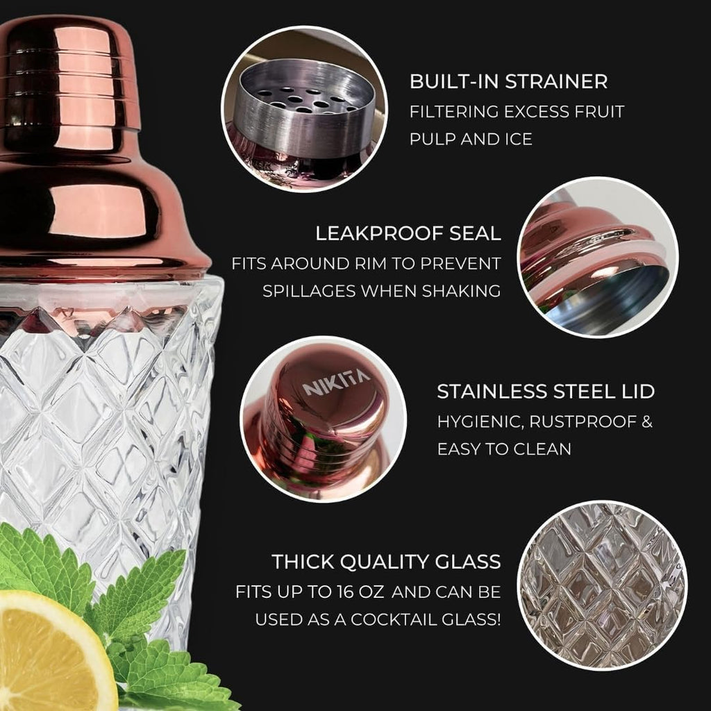Nikita Cocktail Shaker, 5-Piece Martini Shaker & Bartender Kit with Bar Accessories Strainer, Jigger, Spoon & - Set of 5