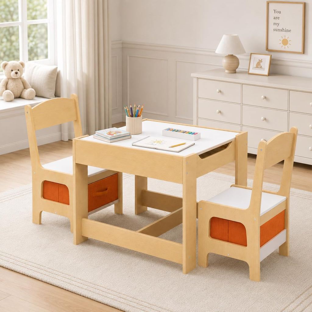 Kids Table & 2 Chairs Set, 4 in 1 Wooden Activity Table w/Storage