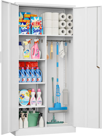 Wide & Deep Metal Storage Cabinet with Hanging Rod, White Broom Closet Storage Cabinet with Lock, 72" Tall Wardrobe