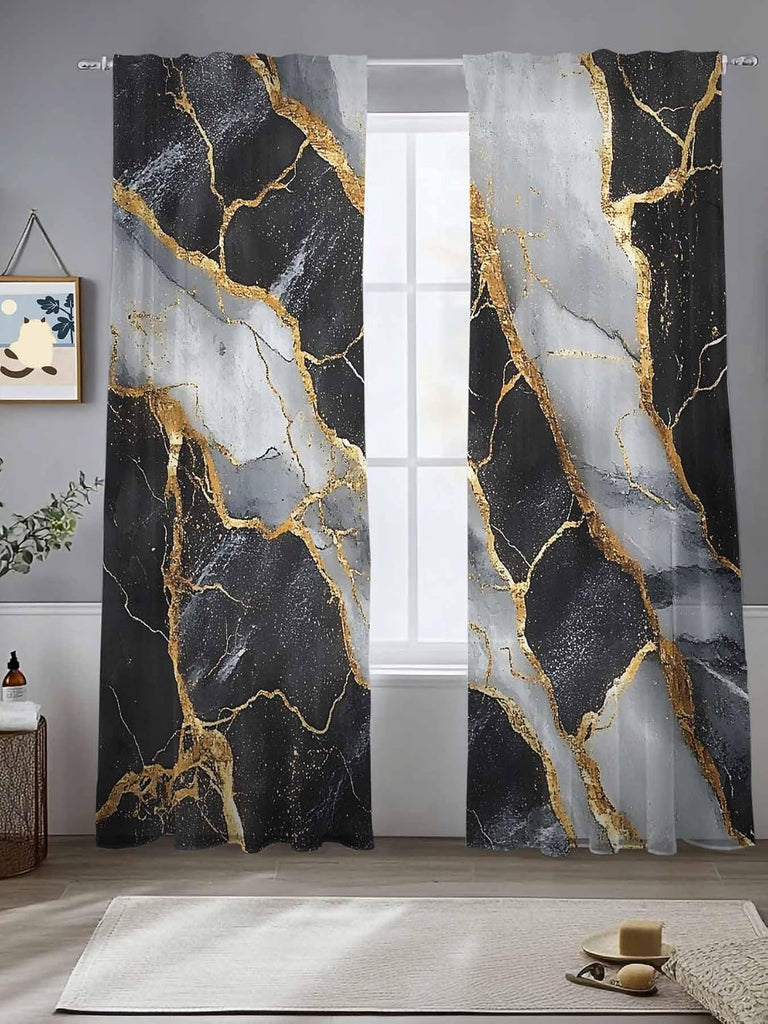 Sheer Curtains 96 Inches Long 2 Panels Set, Marble Black Semi Sheer Curtains for Windows, Grey Granite Surface Luxury