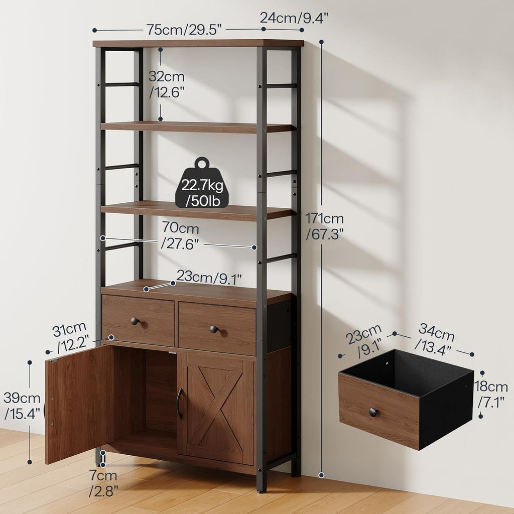 Bookshelf with Doors, Rustic Bookshelf with Drawers, Industrial Display Standing Shelf Units