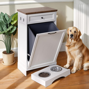 Tilt Out Trash Can Cabinet with Dog Bowl, 10 Gallons Dog Feeding Station with Storage Cabinet, Pet Food Cabinet