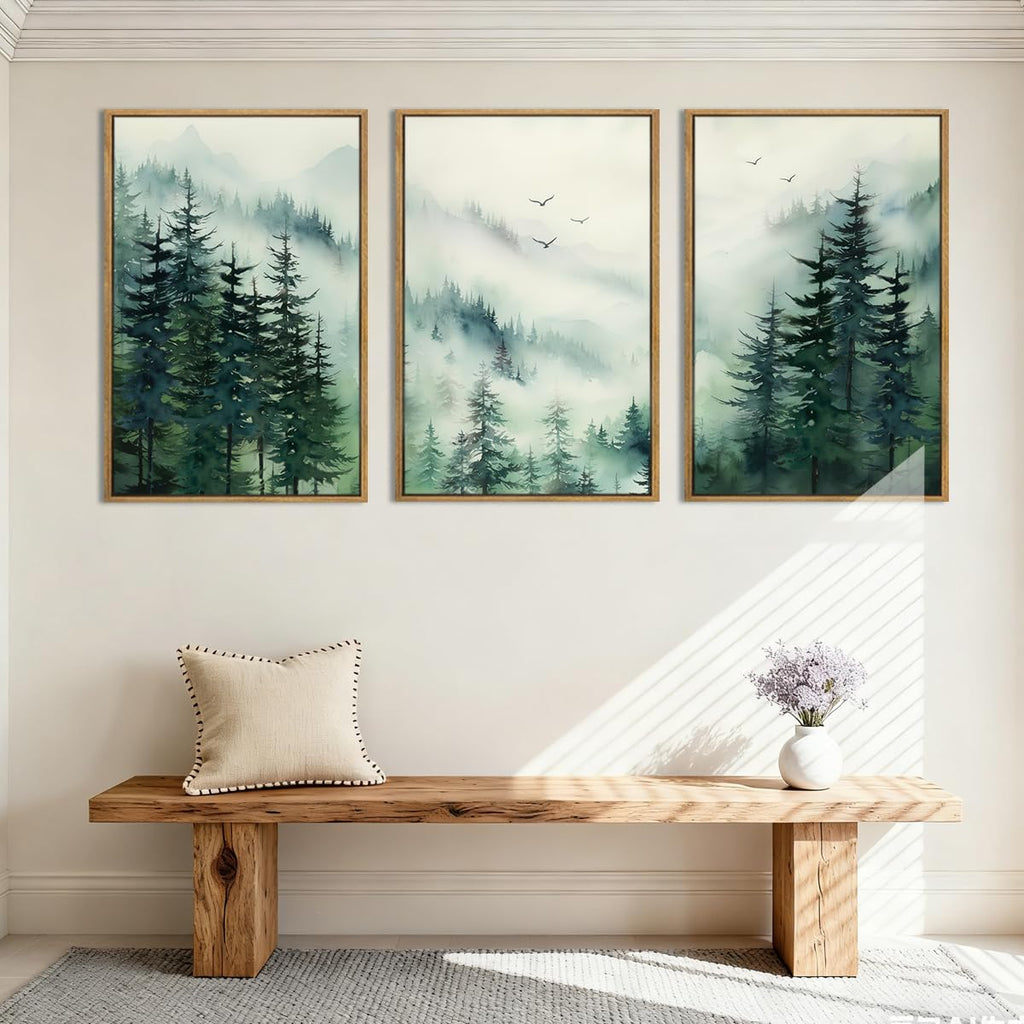 Large Foggy Forest Wall Art Decor Framed Abstract Misty Mountain Artwork Prints Bedroom Office 16x24 Inch Set of 3