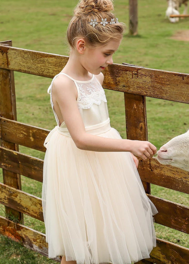 Lace Back Flower Girl Dress Kids Summer Wedding Birthday Hoilday Tea Party Dress