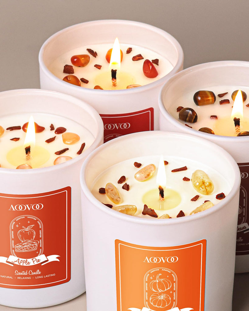 Fall Candles Set for Women - Aromatherapy Candle with Crystals Inside, 28 oz 200 Hour Long Lasting, 4 Pack Candles