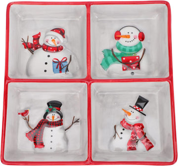 Christmas Ceramic Serving Dish Snowman Snack Appetizer Tray Dessert Platter Square Divided Serving Platter for Xmas