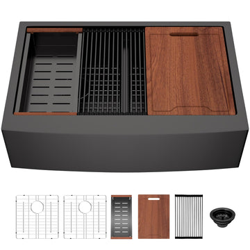 Matte Black Double Bowl Farmhouse Kitchen Sink Apront Front