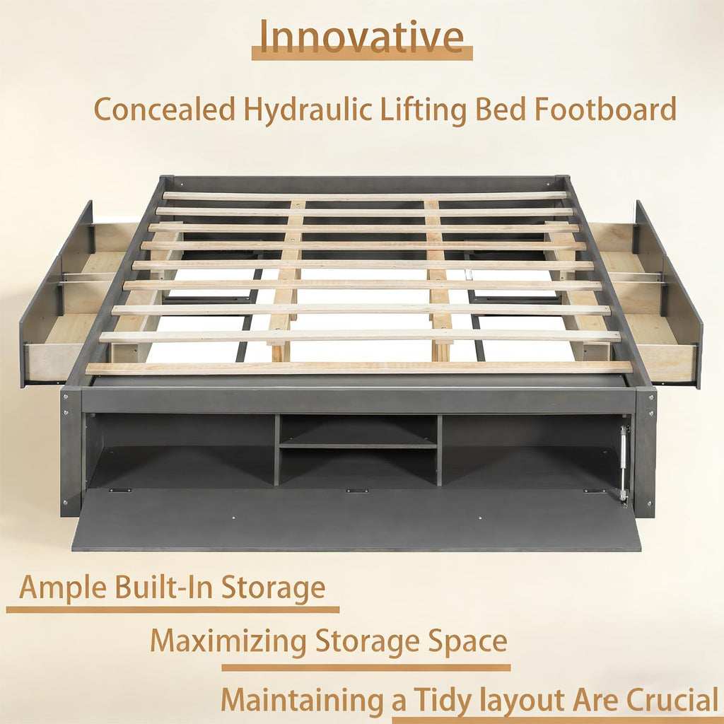 Farmhouse Wood Bed Frame, Japanese Low Platform Wooden Beds Frames with 4 Drawers & Concealed Hydraulic