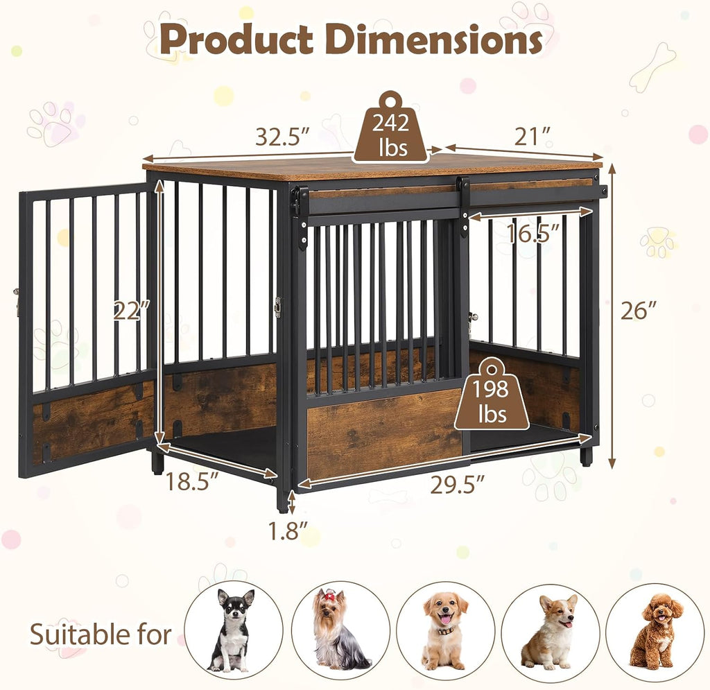 32.5" Dog Crate Furniture with Sliding Barn Door, Wooden Dog Kennel