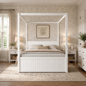 Canopy Bed Frame, Farmhouse Wood 4 Poster Platform Bed with Storage Drawers and Trundle, No Box Spring