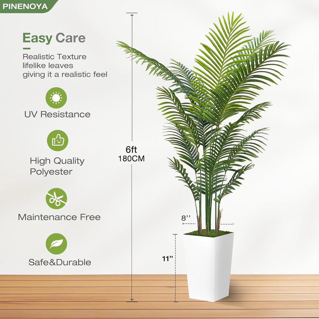 Artificial Palm Tree 6FT - Fake Tree with White Tall Planter - Faux Tropical Areca Floor Plant in Pot - Artificial